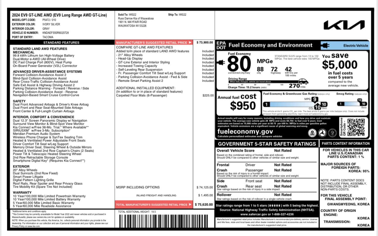 2024 Kia EV9 - Ivory Silver/Gray Interior - GT-Line Trim - Window Sitcker