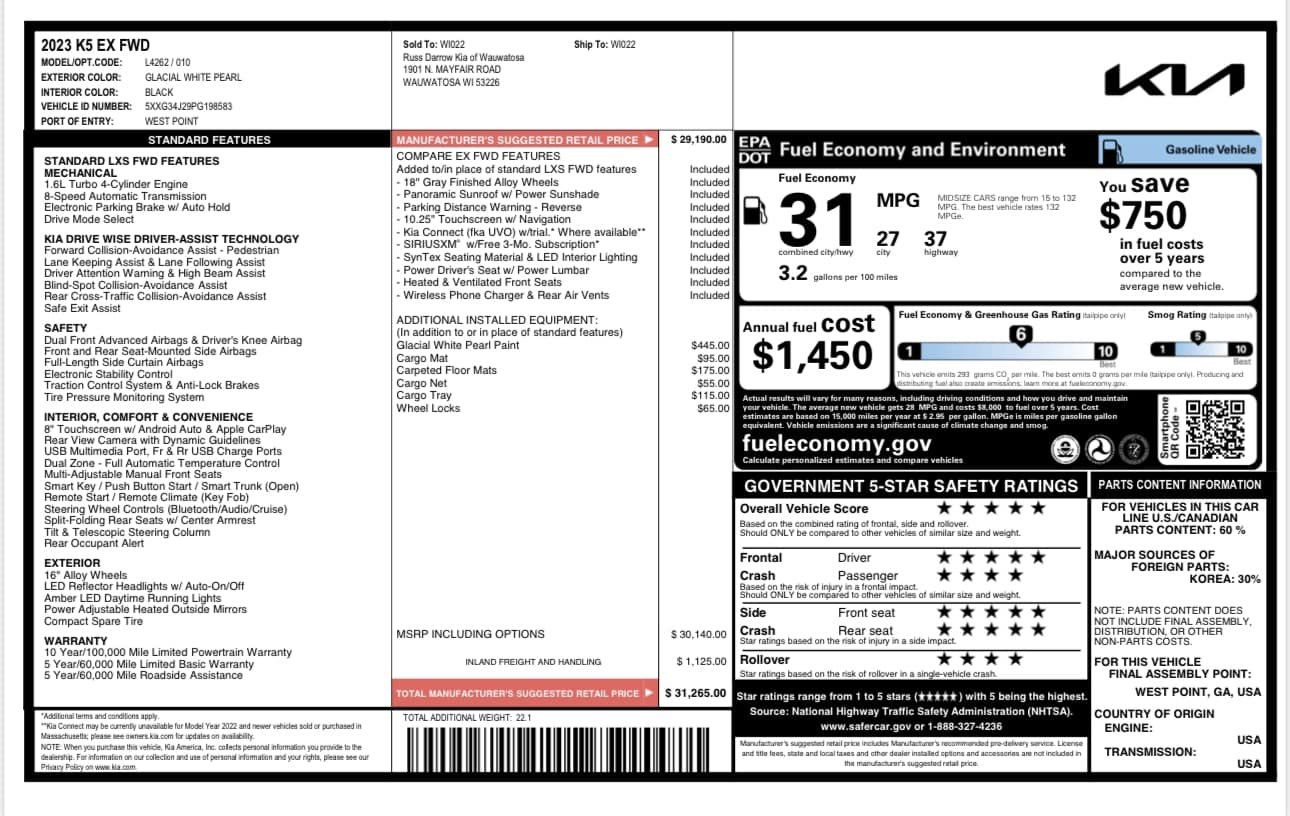 2023 Kia K5 - Glacial White Pearl - Window Sticker
